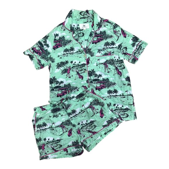 Printfresh Pajama Set Small| Organic Cotton Green Golf Toile Print PJ Shorts Set - Picture 2 of 7